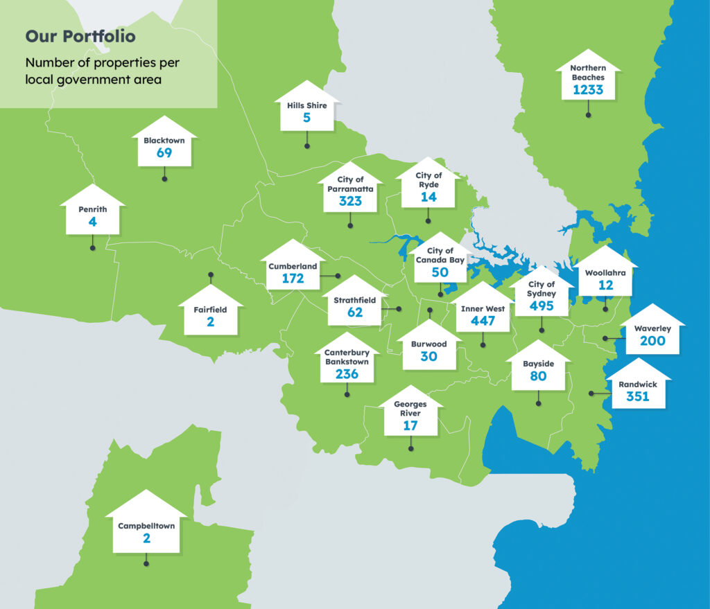 Map of Bridge Housing properties in Sydney.