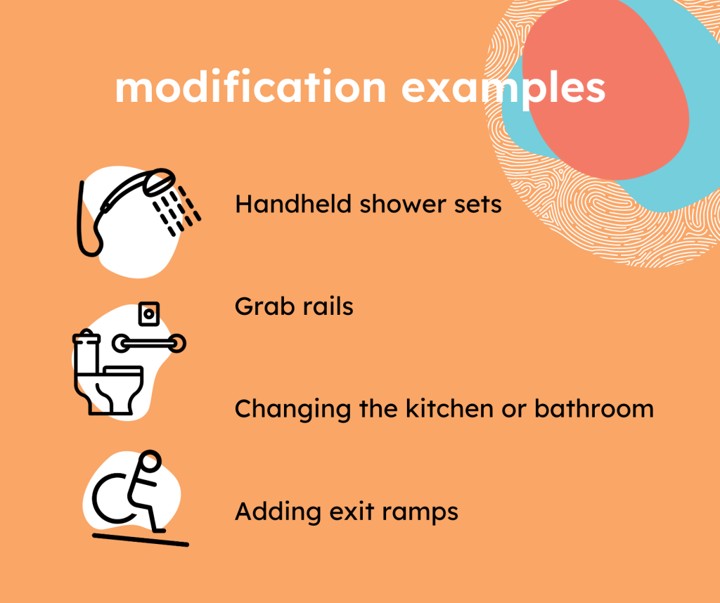 Illustration of Modification Examples including handheld shower sets, grab rails, changing the kitchen or bathroom and adding exit ramps.