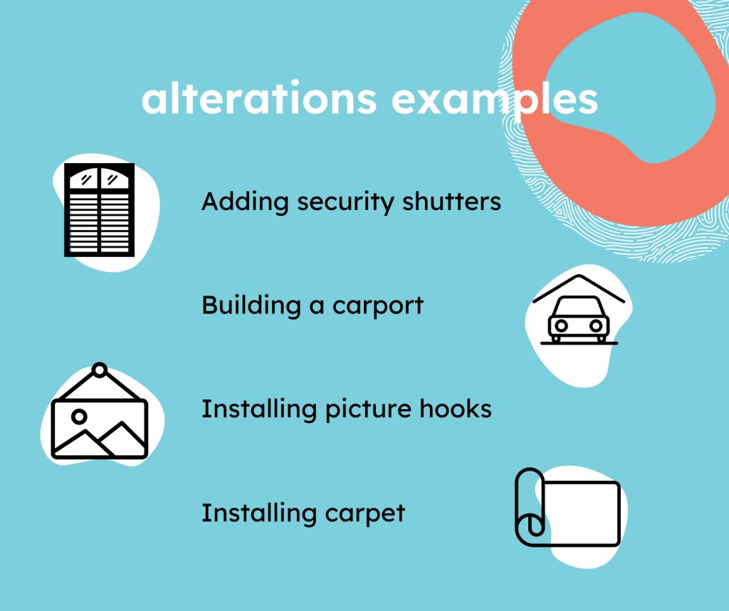 Illustration of alterations examples including adding security shutters building a carport, installing picture hooks and installing carpet