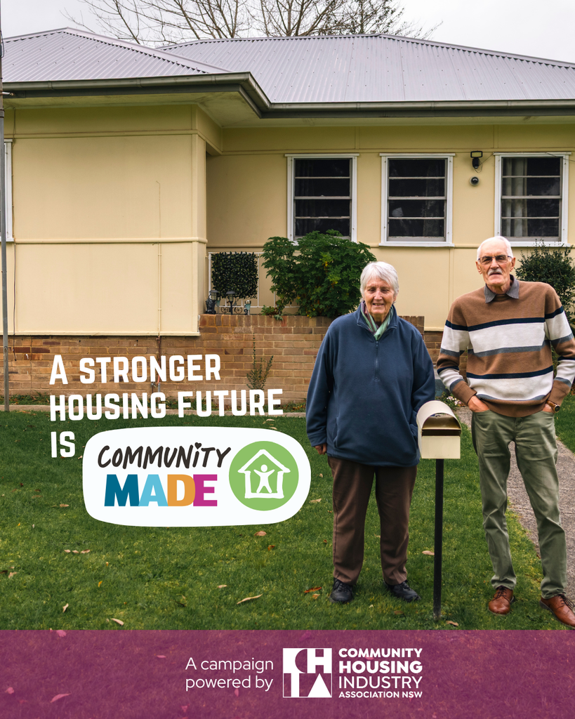 an older couple standing at their letterbox with the words A stronger housing future is community made