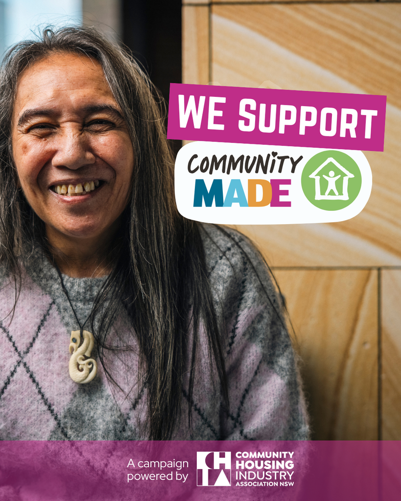 A woman smiling with the words We support community made