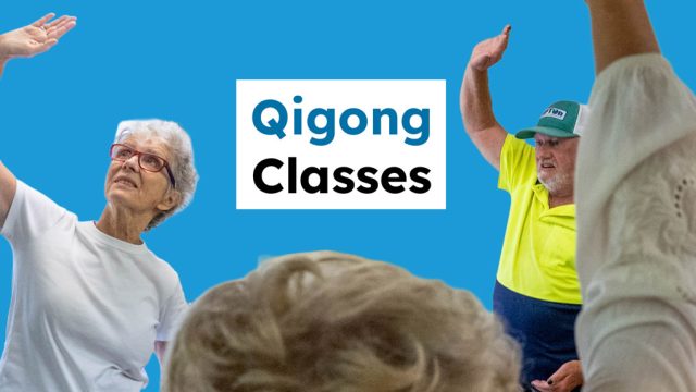 3 people participating in a Qigong class