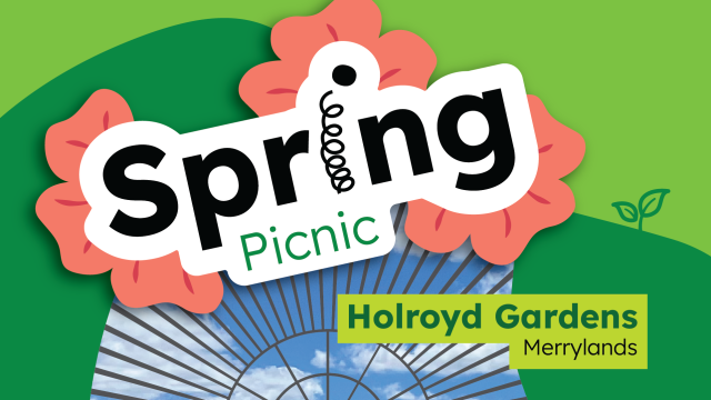 Green image with some pink petals and the words: Spring Picnic Holroyd Gardens Marylands