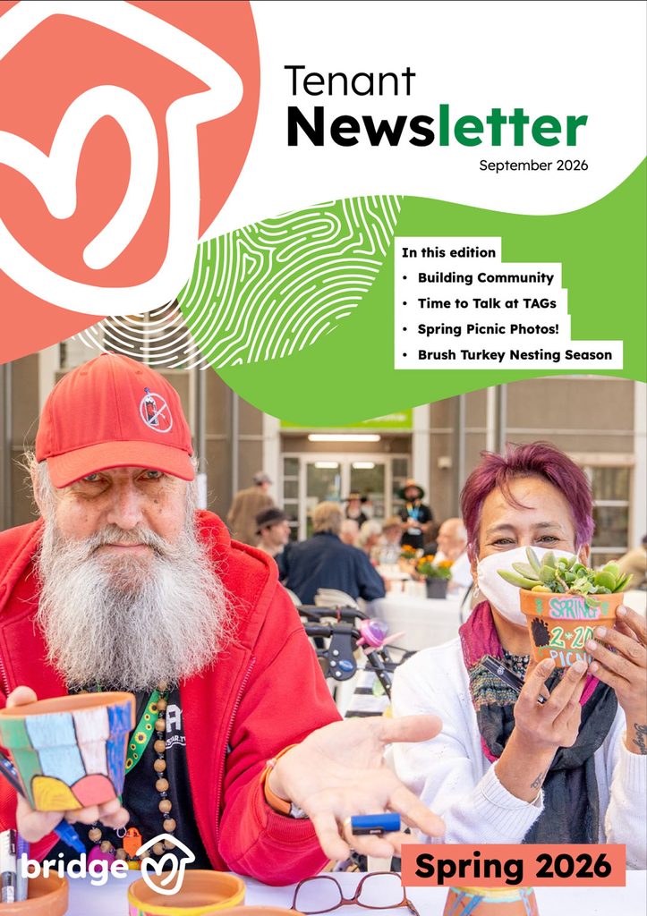 Cover of the newsletter including the words Tenant Newsletter September 2026. It has a picture of two people at the tenant spring picnic showing the terracotta pots that they had been decorating.